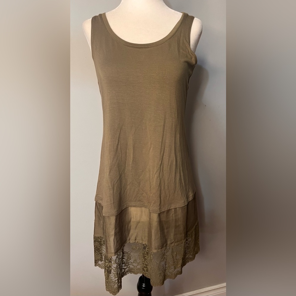 LOGO by Lori Goldstein Bronze Colored Tank Top Tunic w/ Layered Lace at Hemline!